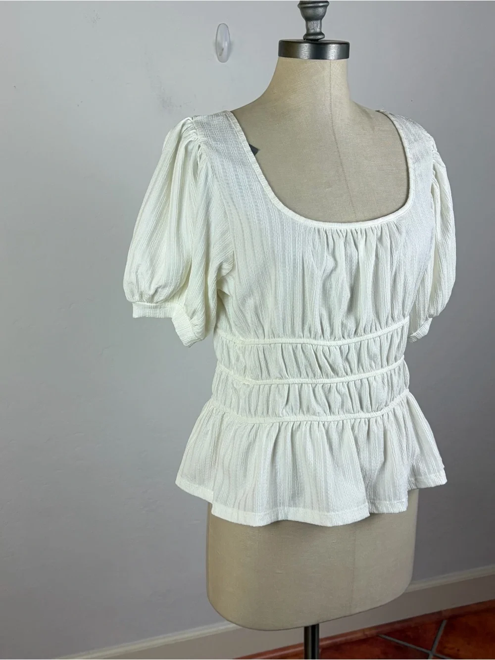 Anthropologie Maeve Ruched Puff-Sleeved Blouse in White